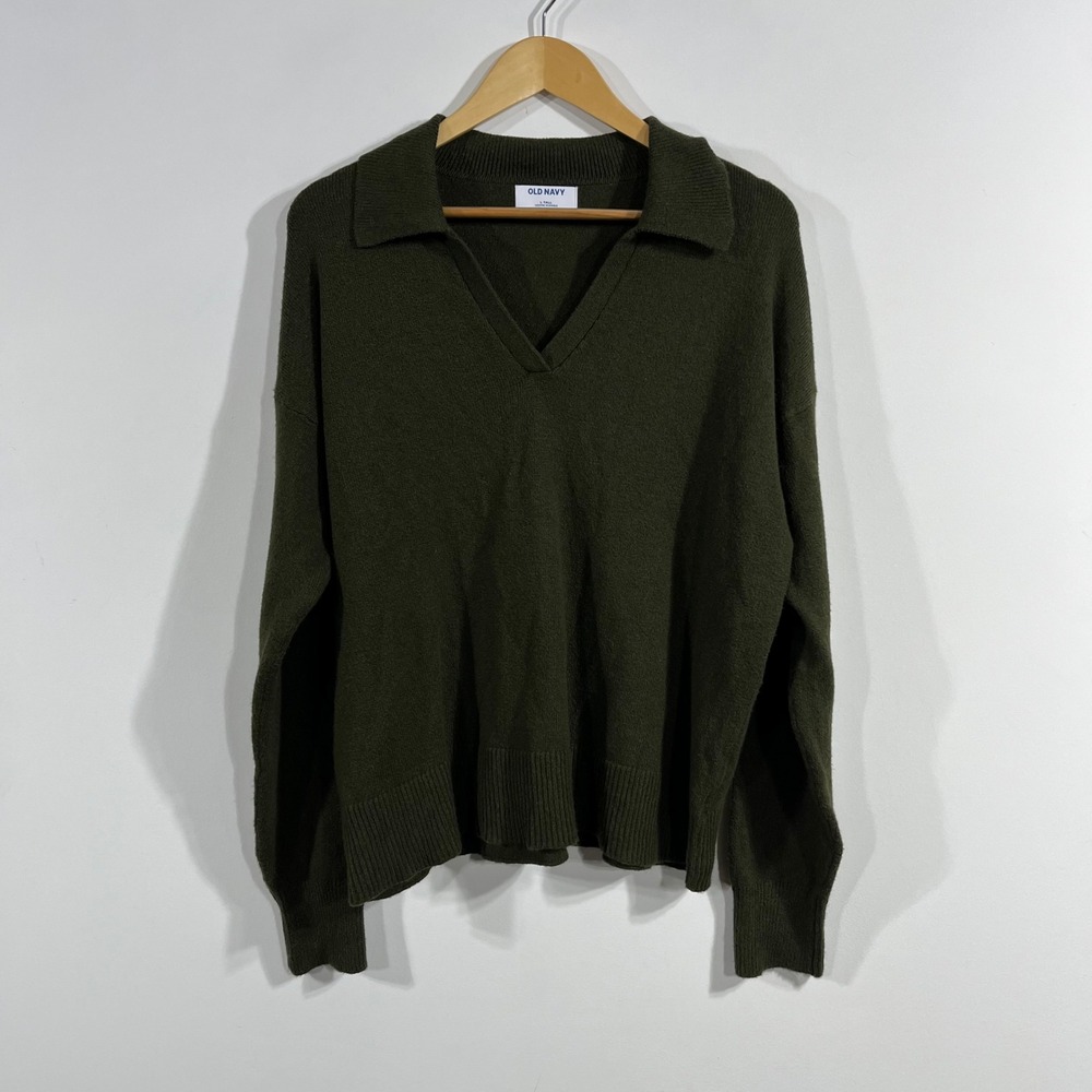 Old Navy Old Money Preppy Polo V-Neck Sweater Olive Green Heritage Large Tall
